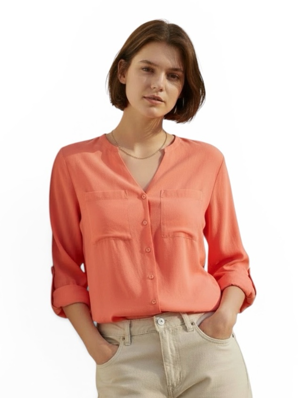 Apt. 9 Salmon Button Down Blouse with Chest Pockets, Tabs for Sleeve Roll Up